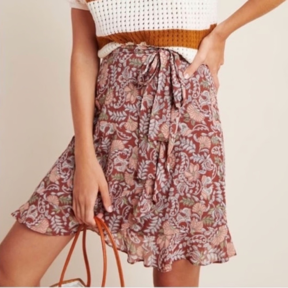 NWT Anthropologie Luca wrap chiffon mini skirt in brown floral women’s size M